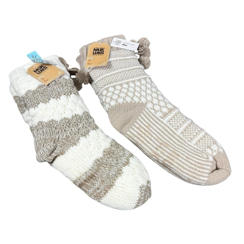 MUK LUKS Set of 2 Aloe Infused Textured Cabin Socks Faux Fur Lined NEW Small/Med - Picture 2 of 6